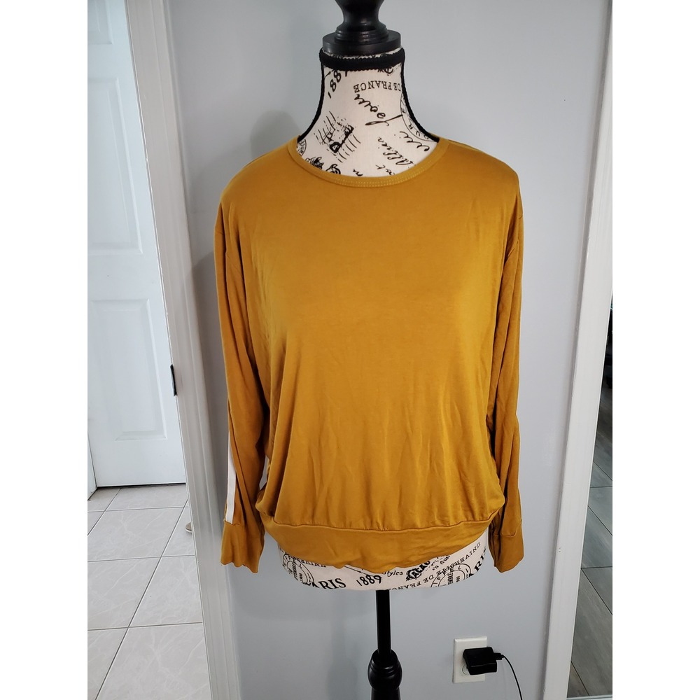 Boohoo Mustard Yellow Long Sleeve Top White Side Stripe Crew Neck Size 8